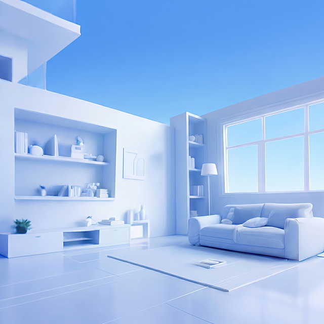 参考原图的3D卡通软萌蓝白清新风格，完全移除画面中的人物角色，移除画面顶部所有文字内容，保留原有的明亮现代家居室内场景，包含浅蓝白色调的客厅空间、大窗户、白色置物书架、浅蓝色沙发，整体保持干净通透的蓝色渐变天空背景，画面质感柔和细腻，保持原有的3D卡通渲染视觉效果