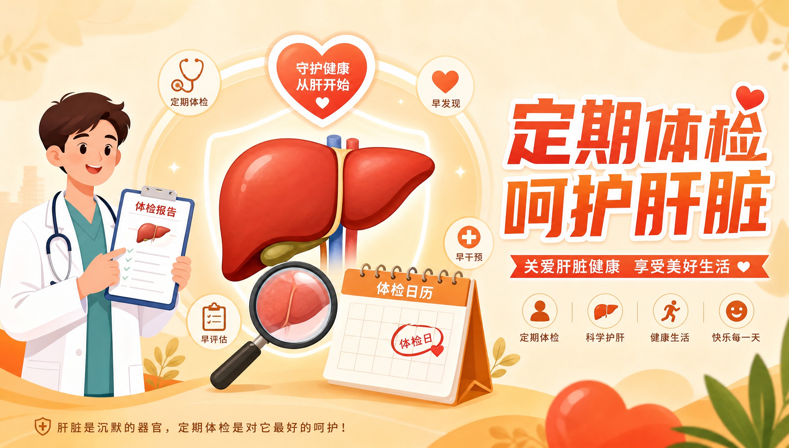 呵护肝脏健康的医疗科普示意图，横版构图，暖色调（橙黄、暖红、米… - 图片创意预览