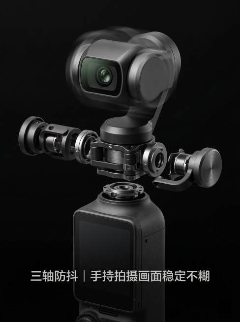 带大疆Pocket系列产品主体，和参考产品实拍图形态完全一致，呈现三轴机械云台拆解结构，云台动态旋转姿态，黑色哑光工程塑料机身+金属三轴云台结构，45°柔光主光+双侧轮廓光，突出云台旋转轴精密金属磨砂预览效果