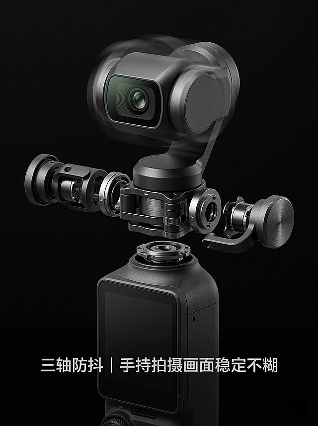 带大疆Pocket系列产品主体，和参考产品实拍图形态完全一致，呈现三轴机械云台拆解结构，云台动态旋转姿态，黑色哑光工程塑料机身+金属三轴云台结构，45°柔光主光+双侧轮廓光，突出云台旋转轴精密金属磨砂质感，机身哑光细腻无杂反光，仅展示三轴机械云台防抖卖点。文案“三轴防抖｜手持拍摄画面稳定不糊”，字号占画面宽度30%，排版于画面安全区下半部分居中，禁止文案遮挡云台旋转轴、金属云台核心质感呈现区域。主色调哑光黑占比80%，辅助色深灰占比15%+金属银占比5%，8K超高清、商业产品摄影级超写实画质，全画幅单反相机拍摄、100mm微距镜头、f/8小光圈、超景深、全景深、锐化清晰、边缘锐利、无畸变、无暗角，画面上下各10%、左右各5%为安全区，产品与文案置于安全区内