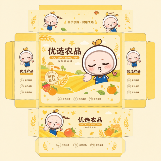 将刚才设计的农产品外包装生成一张平铺展示图，保持黄色调、保留卡通吉祥物形象，整体是外包装图案的平铺效果预览效果