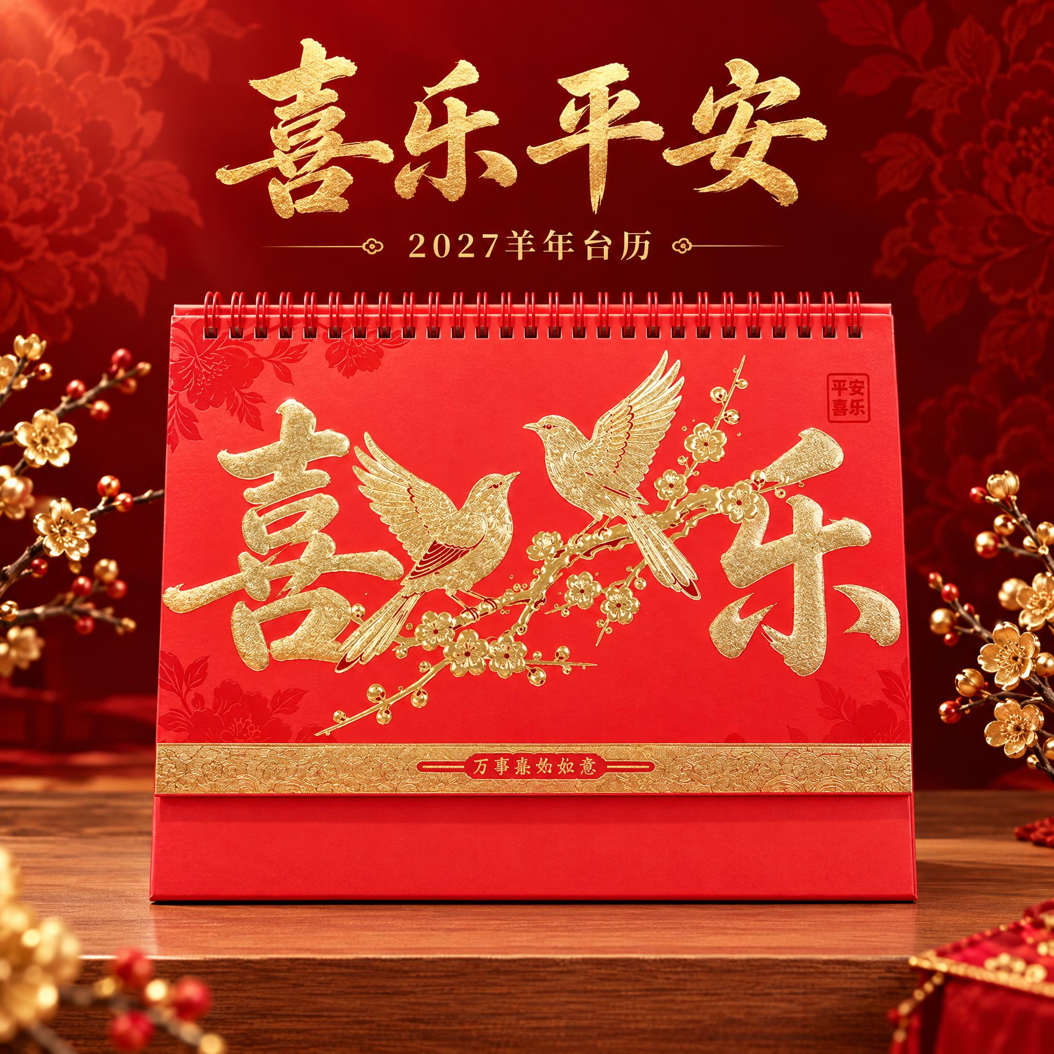 喜乐喜鹊款红色台历单张产品主图，高端新年礼品风格。 [统一基调… - 图片创意预览