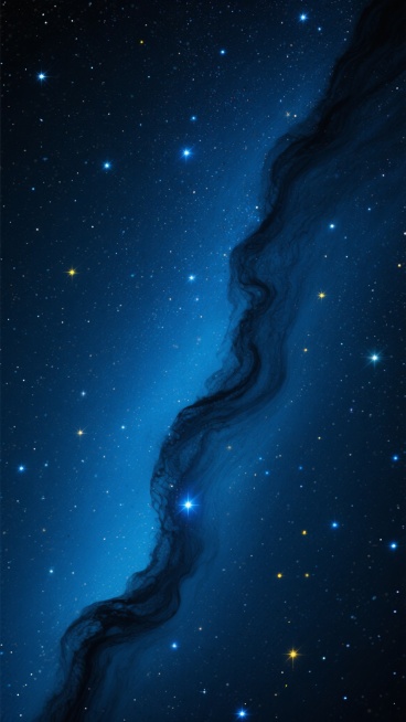 深邃的宇宙星空背景，无数闪烁的星星布满整个画面，呈现出深蓝色的渐变色调，星星的大小和亮度各不相同，形成了丰富的层次感。画面中可以看到蜿蜒曲折的暗黑色星云轮廓，如同宇宙中的河流般流淌，星云的边缘有一些较亮的蓝色和黄色星点点缀，整体营造出神秘、浩瀚、宁静而壮丽的宇宙氛围，光影效果柔和，没有明显的光源，星星自身的光芒构成了画面的主要亮度来源，构图上采用了垂直方向的延展，让星空的深邃感更加突出。预览效果