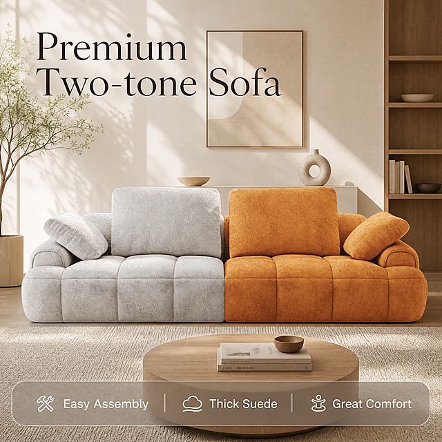 Two-tone light gray and yellow (camel) double sofa in modern minimalist living room. Keep the sofa's structure, material and color matching completely consistent with the original image. Full screen without border, commercial photography, warm natural afternoon light, clear texture, 1:1 square. All text in English: "Premium Two-tone Sofa" on top left, selling points "Easy Assembly / Thick Suede / Great Comfort" at bottom with semi-transparent mask. No Chinese, no deformation, clear text.