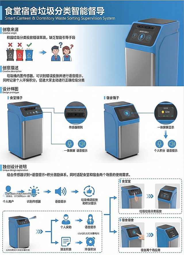 参考上传的户外送货者产品设计海报风格，设计食堂宿舍垃圾分类智能督导设计海报，内容包含作品名称：食堂宿舍垃圾分类智能督导，创意来源：校园垃圾分类投放错误率高，缺乏智能引导手段，创意描述：垃圾桶内置传感器，可识别错误投放并进行语音提示，同时记录个人环保积分，促进大家主动进行正确垃圾分类，设计样图：智能垃圾桶外观设计，独创设计说明：结合传感器识别+语音提示+积分激励体系，同时适配食堂和宿舍两个场景的使用需求，整体海报布局结构和参考的上传海报一致，分为多个板块清晰展示设计相关内容，简约科技风，蓝色为主色调，内容排版清晰易读