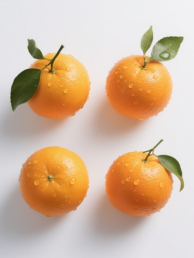 一张展示四个不同造型橘子的规整排布素材图片，整体采用高度写实的摄影风格，光线明亮柔和，呈现出橘子自然的橙黄色调，表面带有晶莹的水珠质感，每个橘子搭配翠绿的叶子，背景为纯白色，无任何文字、logo和水印，构图简洁大方，突出橘子的形态和细节。
