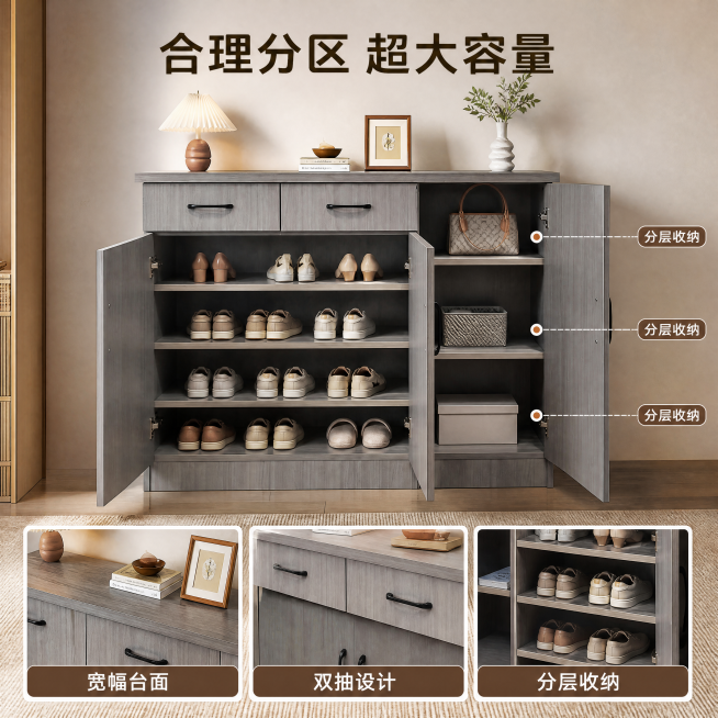 [主图-2] 鞋柜全开展示超大容量收纳。氛围：和主图1统一玄关背景，简约温馨。画质：商业摄影清晰通透。元素：三门全开展示内部隔层，保持产品和原图一致，占比70%，满屏无边框，圆点引线标注隔层。光影配色预览效果