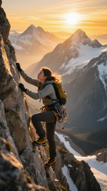 登山主题，一位女性登山者正奋力向上攀登陡峭的岩壁，她身着专业的登山装备，身姿矫健，面部带着坚毅的神情，背景是壮丽的雪山群峰和绚烂的日出景象，金色的阳光洒在岩石和山峰上，整个画面充满了动感和力量感，展现出登山运动的挑战与壮美，超高清画质，极具视觉冲击力。预览效果