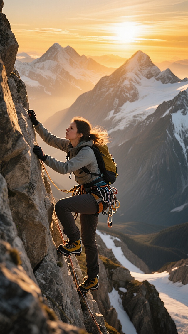 登山主题，一位女性登山者正奋力向上攀登陡峭的岩壁，她身着专业的登山装备，身姿矫健，面部带着坚毅的神情，背景是壮丽的雪山群峰和绚烂的日出景象，金色的阳光洒在岩石和山峰上，整个画面充满了动感和力量感，展现出登山运动的挑战与壮美，超高清画质，极具视觉冲击力。