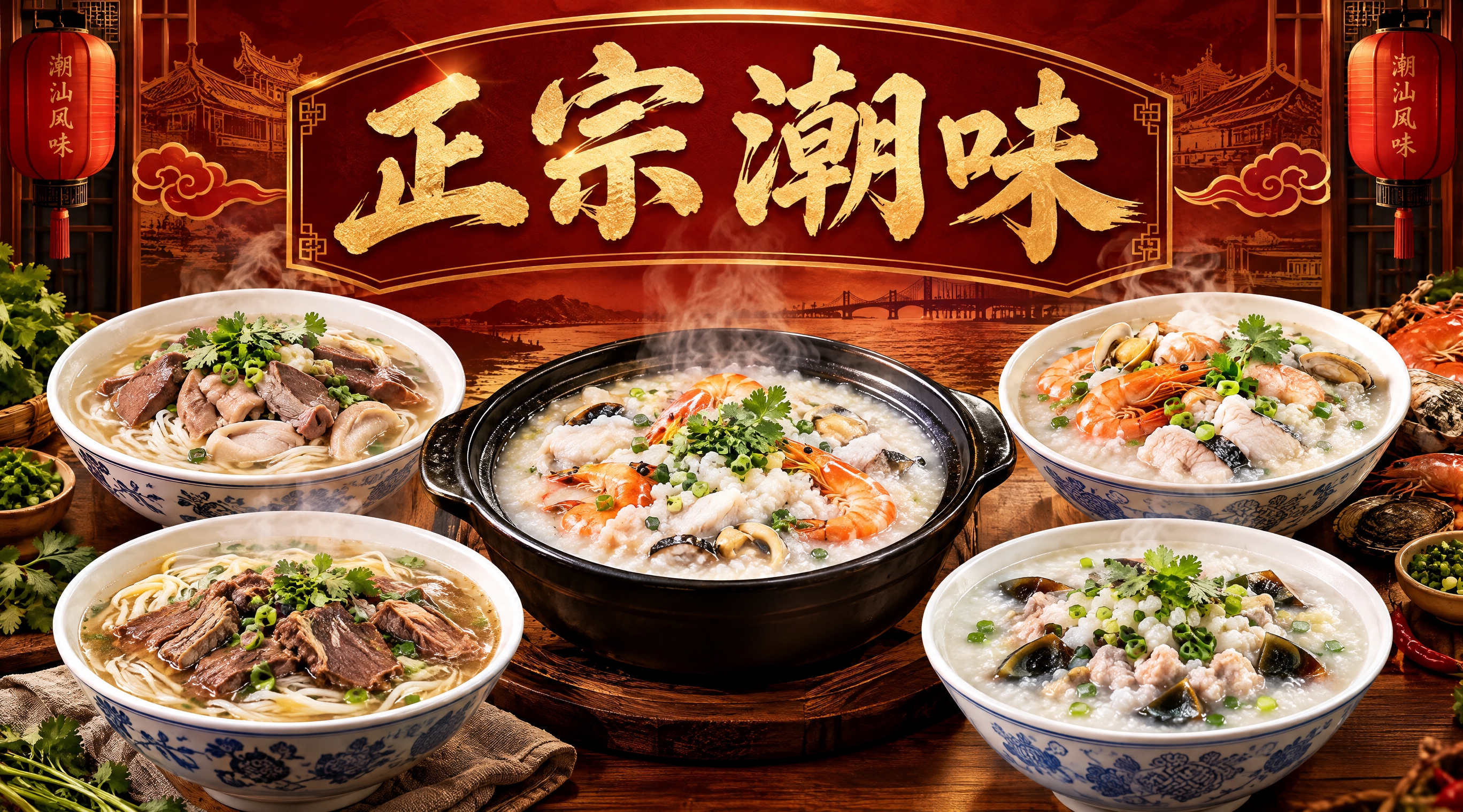 潮汕粥类汤粉店招设计，横版长方形，店名"正宗潮味"四个大字位于… - 图片创意预览