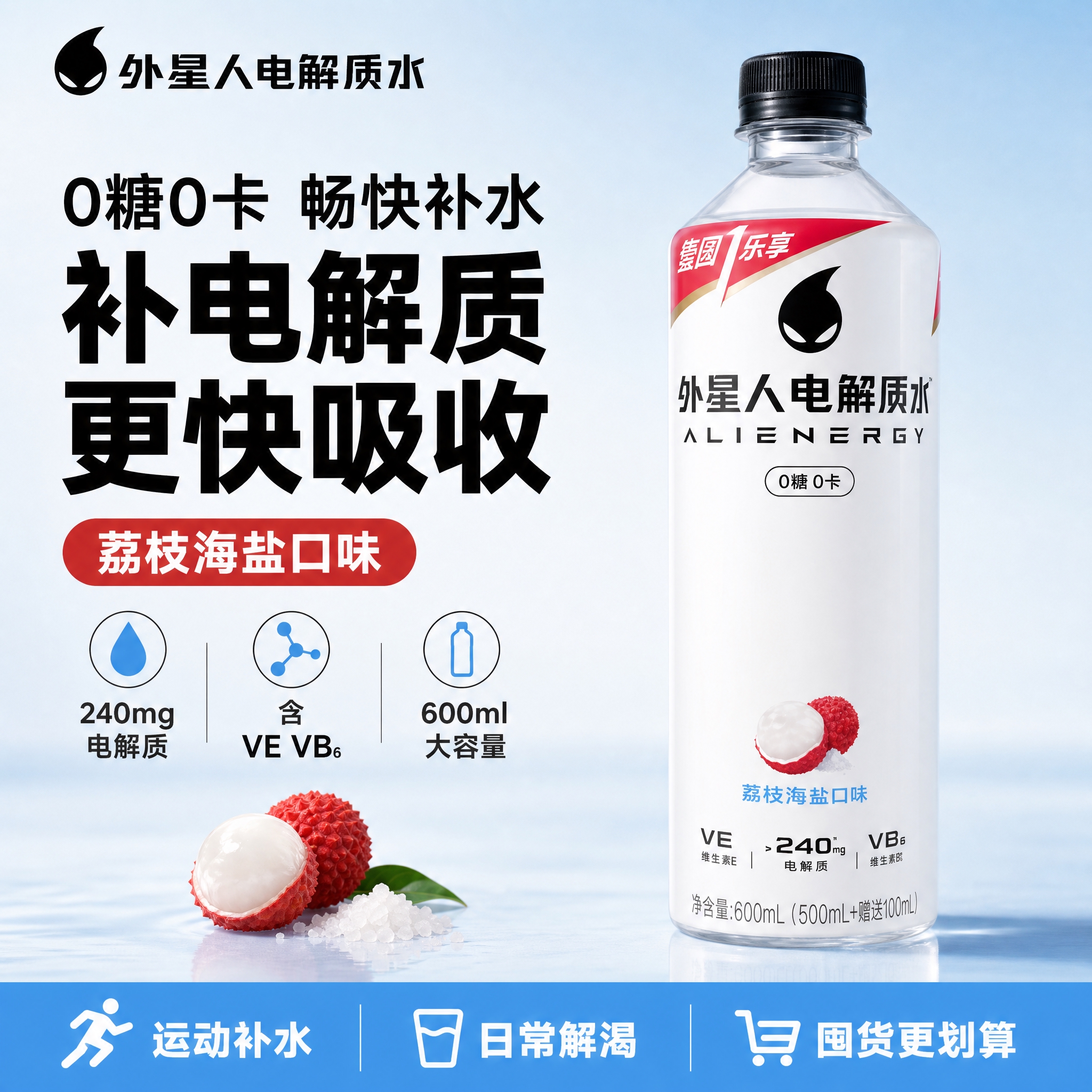 基于输入的外星人电解质水荔枝海盐口味产品图 生成1张拼多多爆款… - 图片创意预览