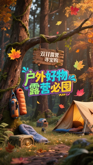 打造丛林冒险风格，主色调为秋日棕，画面展现神秘的丛林场景，藤蔓上挂着 “双 11 露营寻宝购” 的牌子，各种户外装备、露营用品等商品像宝藏一样藏在丛林各处，还有代表折扣的枫叶形状标识飘落，文字以涂鸦风预览效果