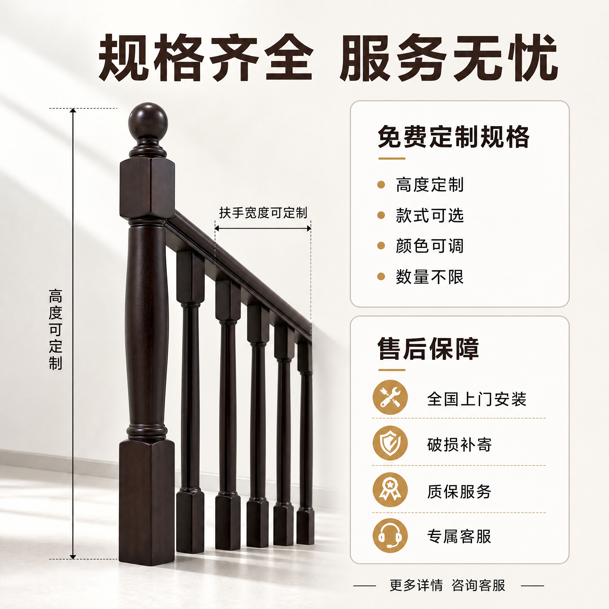 [主图-5] 实木扶手规格与服务保障图，任务是展示产品规格参数… - 图片创意预览