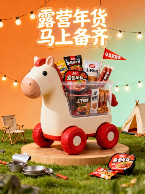 年货节主题竖版宣传图，马年新潮户外囤货氛围：主体是一辆胖胖小马造型的迷你露营车，车厢是透明储物仓，塞满自热火锅、冻干咖啡、便携香肠、坚果棒等户外零食，小马的轮子是红色橡胶款，车顶插着 “年货露营季”预览效果