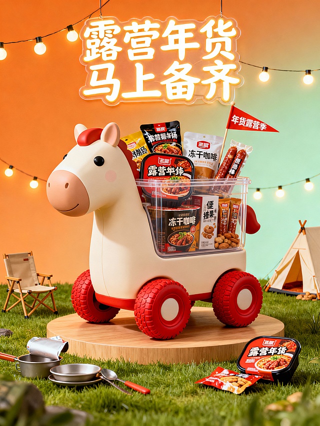 年货节主题竖版宣传图，马年新潮户外囤货氛围：主体是一辆胖胖小马造型的迷你露营车，车厢是透明储物仓，塞满自热火锅、冻干咖啡、便携香肠、坚果棒等户外零食，小马的轮子是红色橡胶款，车顶插着 “年货露营季” 的小旗子。场景氛围：背景是暖橙与浅绿的渐变，点缀着露营灯串、折叠椅、小帐篷，底部是仿草地的展台，展台旁散落着露营餐具和打开的零食包装，营造 “新年露营囤零食” 的新潮生活感；文案元素：上方是手写体灯牌 “露营年货 马上备齐”，整体风格休闲元气，适配年轻户外爱好者的年货推广。