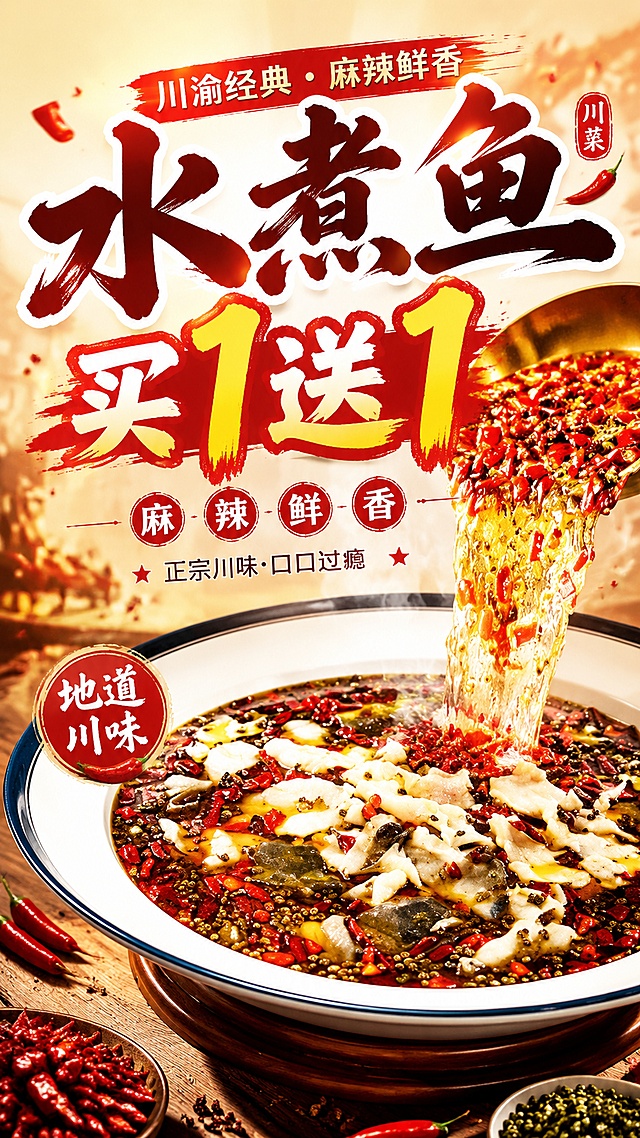 川菜水煮鱼促销海报，文字"水煮鱼买1送1"，突出川渝风味，麻辣鲜香，高清画质，提亮背景，整体亮眼醒目，食欲感满满，基于参考图制作