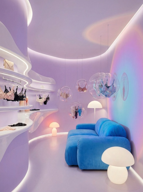 Interior of a chic, spicy-girl style lingerie boutique. The space is defined by flowing, curved wall预览效果