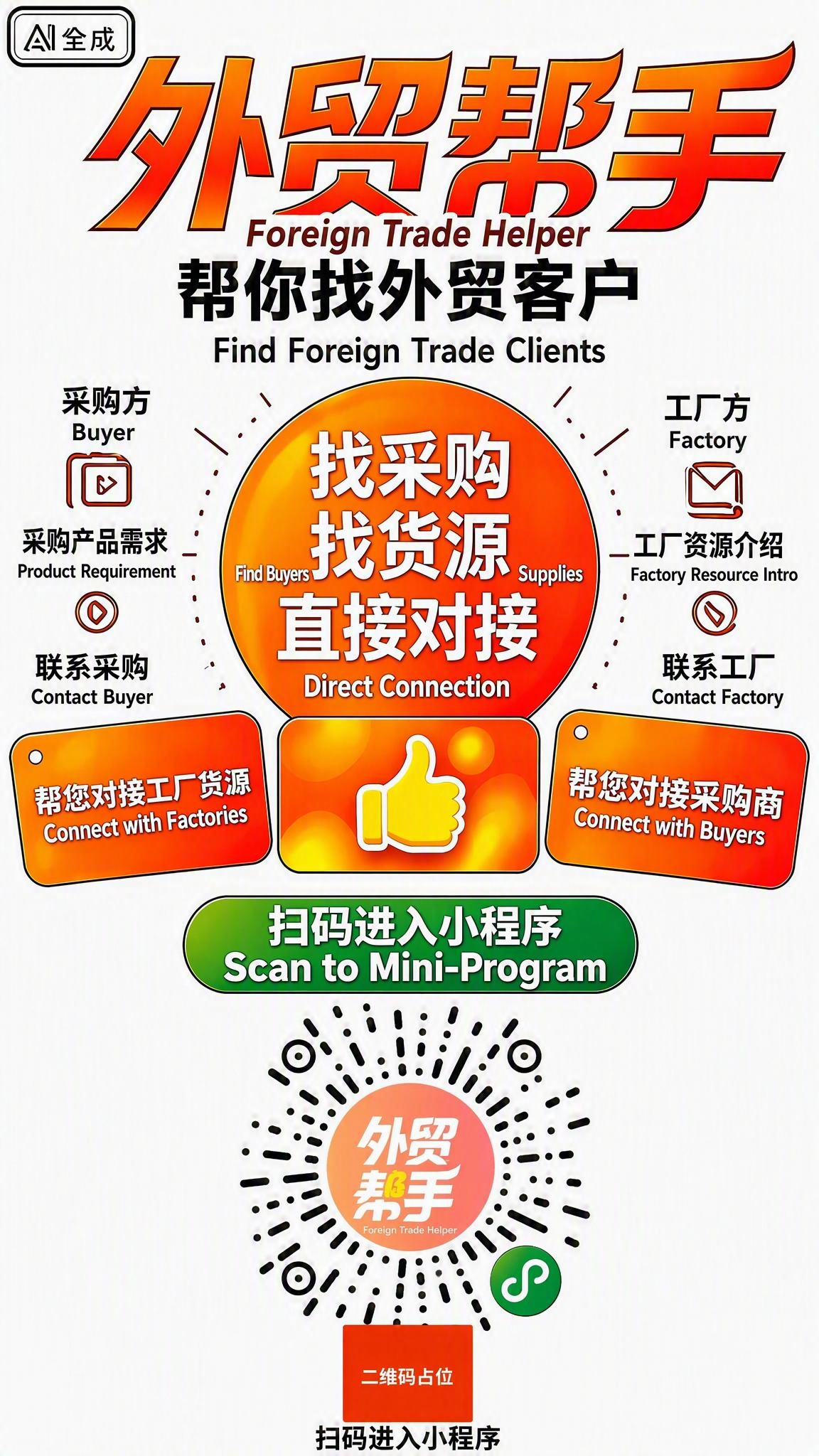 将图1（外贸帮手海报）底部的小程序码区域替换为图2中的二维码图… - 图片创意预览