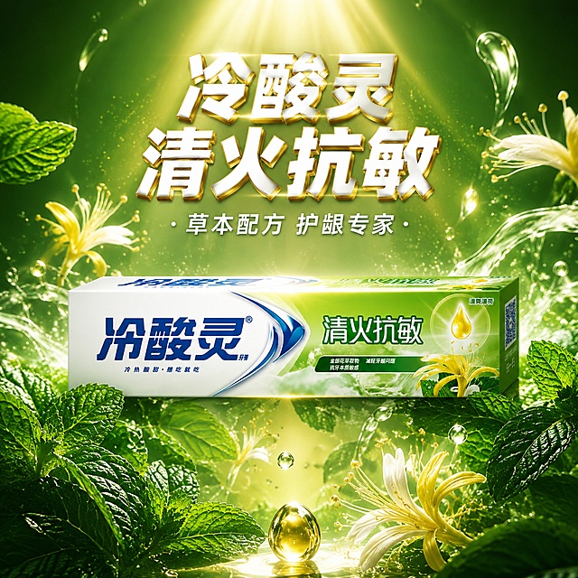 冷酸灵清火抗敏牙膏渐变光影海报风主图，艺术海报风，商业摄影质感。深绿到浅绿渐变背景，冷酸灵清火抗敏牙膏盒立于画面中央偏下，上方有一道金色光束照亮产品，周围悬浮金银花、薄荷叶、水滴元素呈放射状排列，画面有强烈的视觉冲击力和海报感。保持牙膏盒外观与原图一致，无变形色差。商品主体占比约50%，画面满屏无边框。顶部聚光加底部补光，光影对比强烈，整体艺术有海报感。画面顶部主标题"冷酸灵 清火抗敏"白色大号粗体带金色描边，下方辅助小字"草本配方 护龈专家"白色小号字体。1:1比例，超高清商业摄影质感。