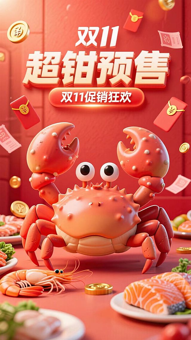 以卡通帝王蟹形象为核心，搭配生鲜美食，带有红包、优惠券、金币等促销元素，墙上有文字“超“钳”预售”，下面有设计感小字“双11促销狂欢”，以红色色调为主的双11促销氛围