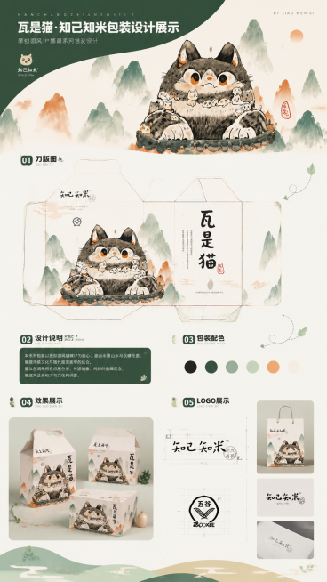 另一张设计展板，融合参考图一至图四的猫咪图案元素，采用图五图六的现代平面设计展示风格，包含刀版图、LOGO展示和整体效果展示区域，修改展示板块内容保留原有结构，整体版式清晰，保留国风插画猫咪主题元素，预览效果