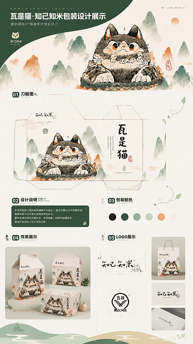 另一张设计展板，融合参考图一至图四的猫咪图案元素，采用图五图六的现代平面设计展示风格，包含刀版图、LOGO展示和整体效果展示区域，修改展示板块内容保留原有结构，整体版式清晰，保留国风插画猫咪主题元素，排版和设计风格与参考图五图六一致