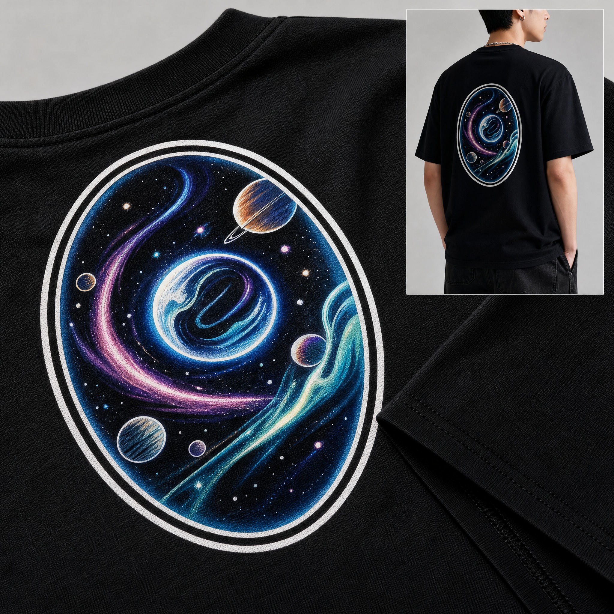 [主图-4] 细节特写展示图，聚焦T恤背部宇宙星空印花图案的精… - 图片创意预览