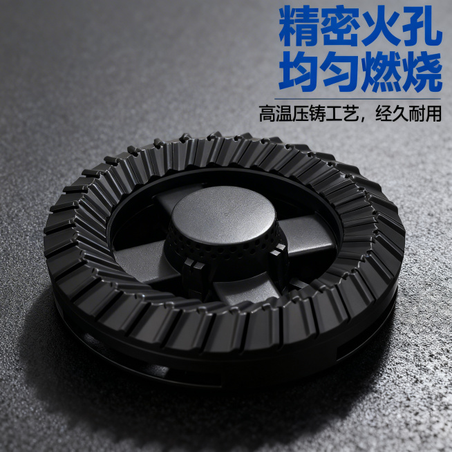 [主图 3] 万家乐火盖分火器细节特写
[主图主题] 火盖火孔纹理细节展示
[氛围/风格] 微距特写，质感高级，专业清晰
[画面元素] 微距特写火盖外圈的锯齿形火孔结构，展示精密加工纹理，放置在深灰色预览效果