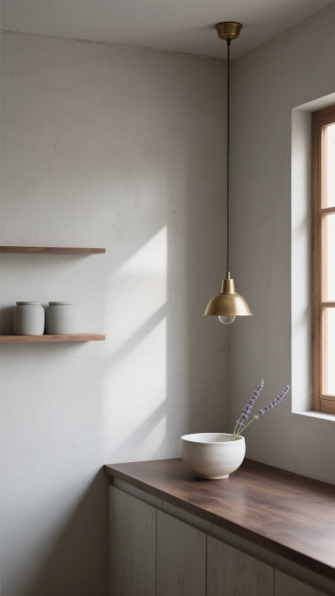极简构图，空旷的北欧厨房角落，大面积留白的浅灰色水泥墙面占据画面60%，右侧窗框切割出柔和的晨光，光线在墙面上形成微妙的几何阴影图案，左侧悬垂着一盏极简黄铜吊灯，下方是窄长的深橡木工作台，台面仅放置一个素白粗陶碗和一支斜插的干薰衣草，远处开放式层架上隐约可见两个叠放的浅灰陶瓷罐，整体色调为高级灰与原木棕的低饱和对话，光线通透柔和，营造出安静、留白、充满呼吸感的侘寂美学空间，适合作为背景使用。预览效果