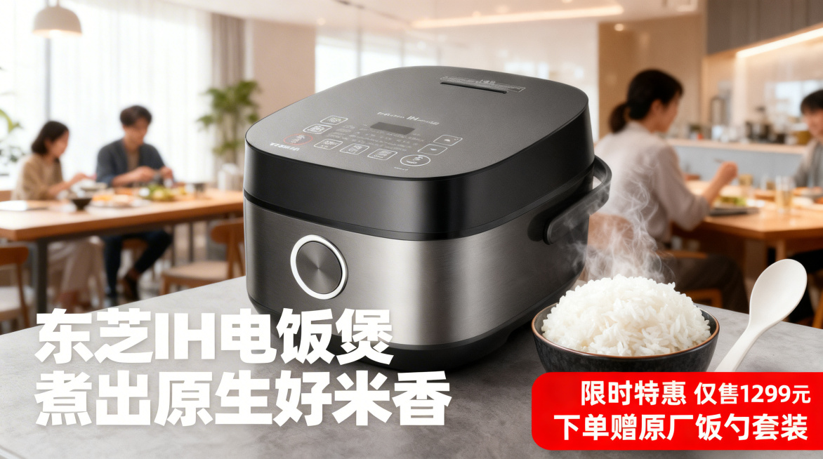 在现有海报的右下角添加醒目的价格卖点文案，使用红底白字的醒目样式，内容为"限时特惠 仅售1299元 下单赠原厂饭勺套装"，保持原有画面风格、产品和其他文案不变，整体协调不突兀预览效果