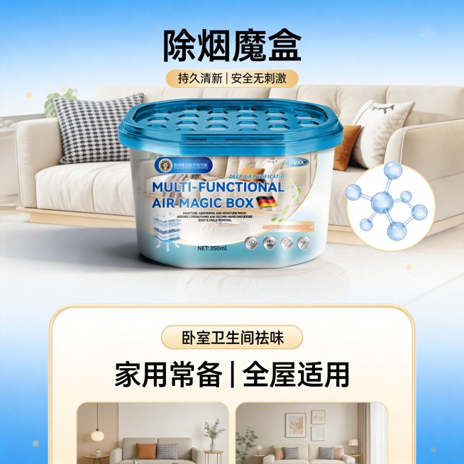 设计类型：电商主图・功能卖点型
设计风格：简约清新、德系专业、居家实用
主体：除烟魔盒产品本体占40% + 室内家居场景（沙发、抱枕）
装饰元素：镂空透气顶盖纹理、分子结构示意图、功能图标、
色调：蓝预览效果