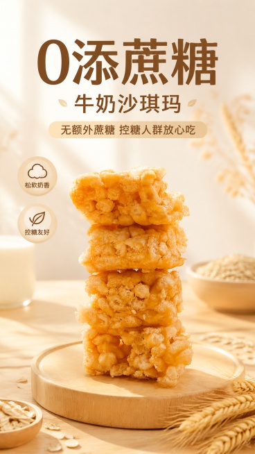商品营销海报，产品为牛奶沙琪玛，100% 还原上传商品图的产品外形、结构、比例、材质质感、颜色，设计仅作用于背景、光影、道具、版式和文字区。风格为写实商业摄影，健康轻食风，整体暖调浅色系，突出食欲与健预览效果