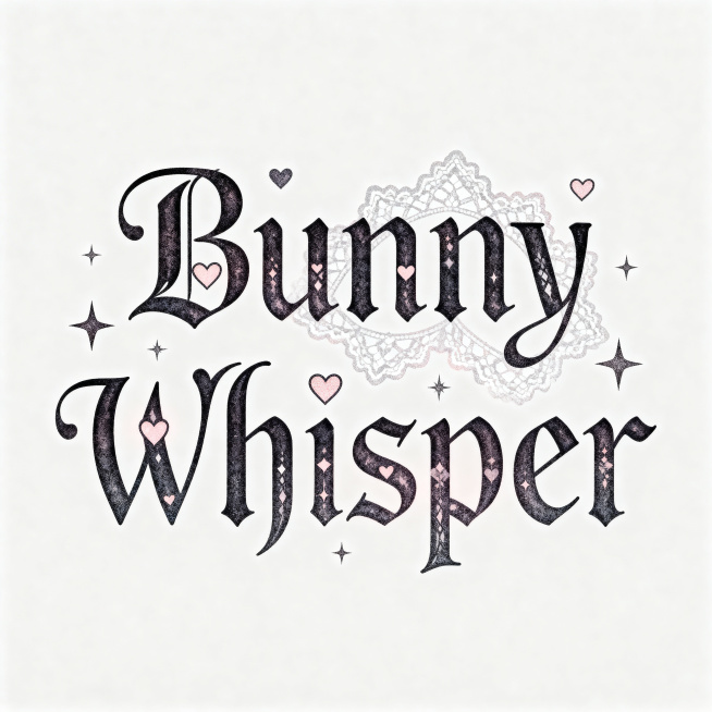 设计英文单词 "Bunny Whisper"，使用哥特花体字，字母中穿插细碎爱心、星星和蕾丝花纹作为装饰，参考参考图中的甜酷亚文化风格，整体色调柔和，背景干净简约。预览效果