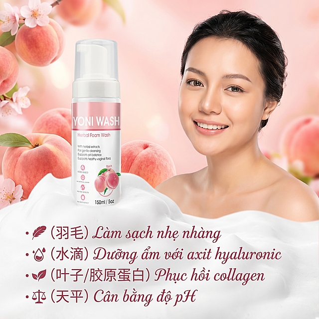 图中的YONI WASH桃子护理液产品，放置在甜美粉蜜桃香调的柔和背景中，瓶子下方添加绵密白色泡沫，背景清新甜美，画面右侧加入一位温柔的东南亚女性形象，体现私密护理温和健康的理念，下方添加越南语功效文案：• Làm sạch nhẹ nhàng• Dưỡng ẩm với axit hyaluronic• Phục hồi collagen• Cân bằng độ pH，四条功效使用花字，每条前面添加符合文案意思的小图标。整体画面干净清新，1:1构图，商业产品摄影风格，高级质感。
