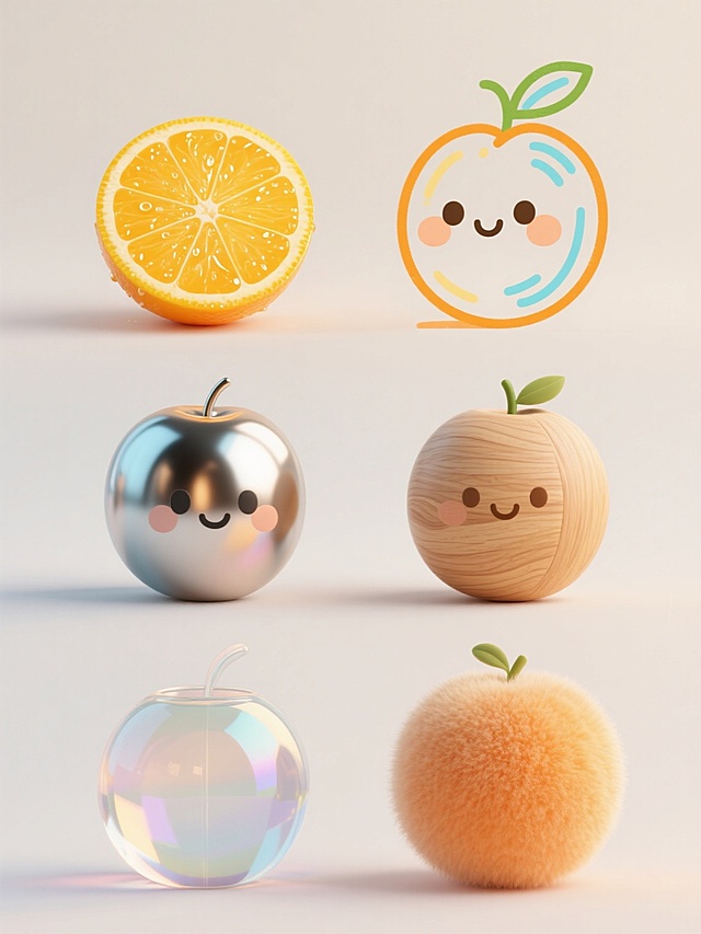 六个不同设计的橙子造型，采用上下两行整齐排列的构图，浅色背景。每个橙子具有独特的配色、样式和材质：一个是新鲜饱满的真实橙子切片，果肉呈现鲜亮的橙黄色，表面带有晶莹的水珠，展现出多汁的质感；一个是手绘风格的橙子，线条流畅，色彩明快，带有卡通化的可爱表情；一个是金属质感的橙子，表面光滑，反射着柔和的光泽，呈现出冷冽而现代的感觉；一个是木纹材质的橙子，纹理清晰，散发着自然质朴的气息；一个是透明玻璃材质的橙子，内部结构隐约可见，充满了梦幻般的美感；还有一个是毛绒材质的橙子，表面柔软，色彩柔和，给人温暖舒适的触感。所有橙子造型细节丰富，色彩鲜艳，整体画面清新明快，充满了创意和活力。