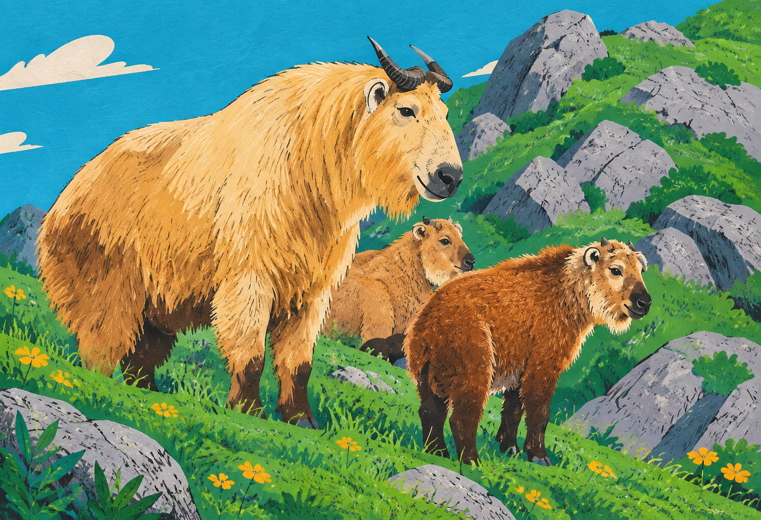 参考第一张图的扁平插画风格，将第二张图中的羚牛家族重新绘制为同… - 图片创意预览