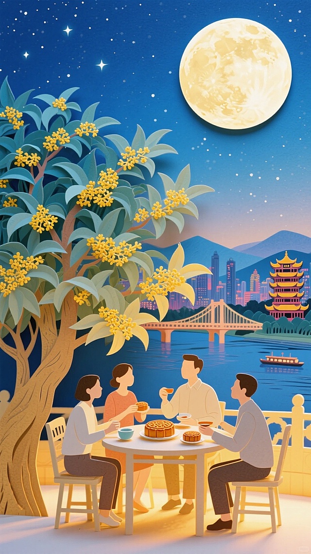 中秋夜，一家人围坐赏月品饼，桂花树下光影斑驳，城市与古塔映衬，插画风融合撕纸与剪纸质感，温馨梦幻。