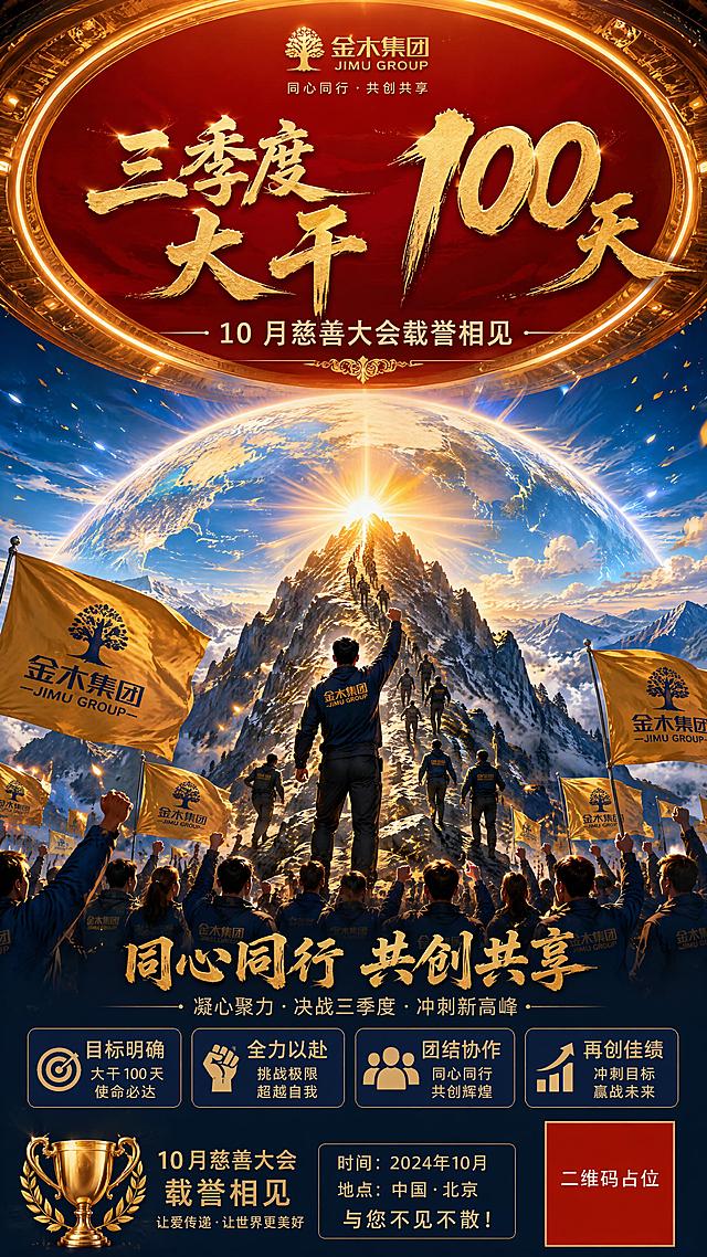 宏大史诗风9:16竖版企业励志海报，顶部鎏金发光环形穹顶，红底鎏金毛笔大字："三季度 大干 100 天"，副标题："10 月慈善大会载誉相见"。中部发光世界地球配巍峨高山，众人向山顶攀登。前景大量欢呼人群，遍地金色金木集团旗帜，中心男子握拳登高，逆光日出金光，蓝金高级配色，8K超清，热血冲刺奋斗氛围感，版式精美。画面中所有二维码区域使用纯色方块占位符呈现，方块中央标注"二维码占位"文字，严禁生成任何可识别的二维码图案。画面中所有信息区域必须填充完整合理的内容，不得出现空白框、空白占位，确保是完整可用的成品海报。画面中所有数字必须精确渲染，不得错位、遗漏或编造。