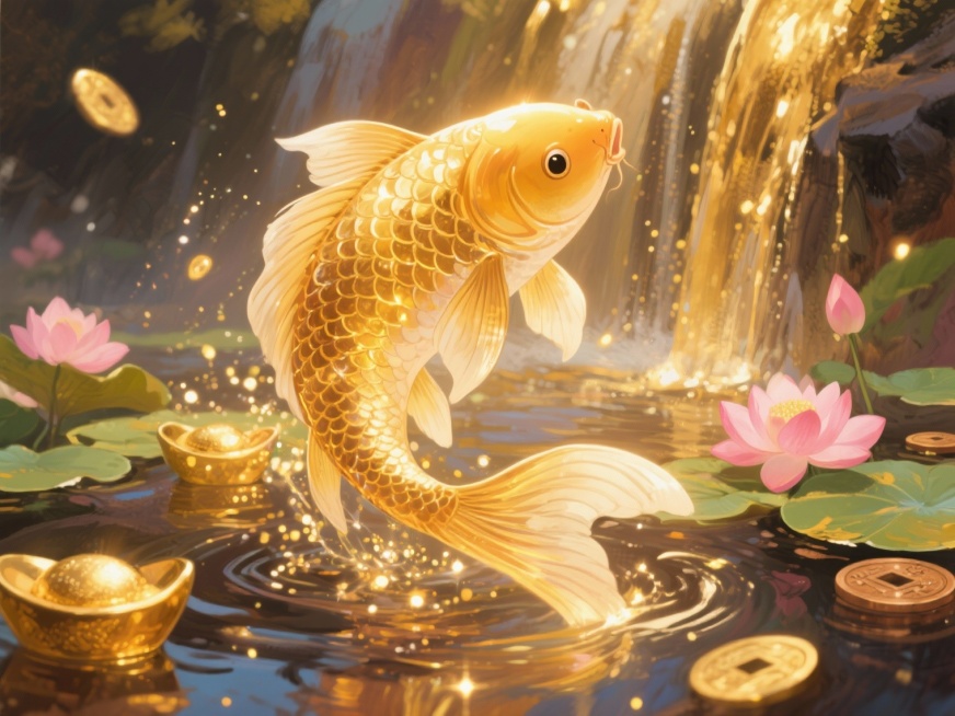 我想生成一个好运锦鲤的IP形象、背景中要有元宝、黄金、或者水、荷花元素、背景整体为金色流金瀑布、锦鲤是全身金色形象，动作旋转游动，全身发光，预览效果