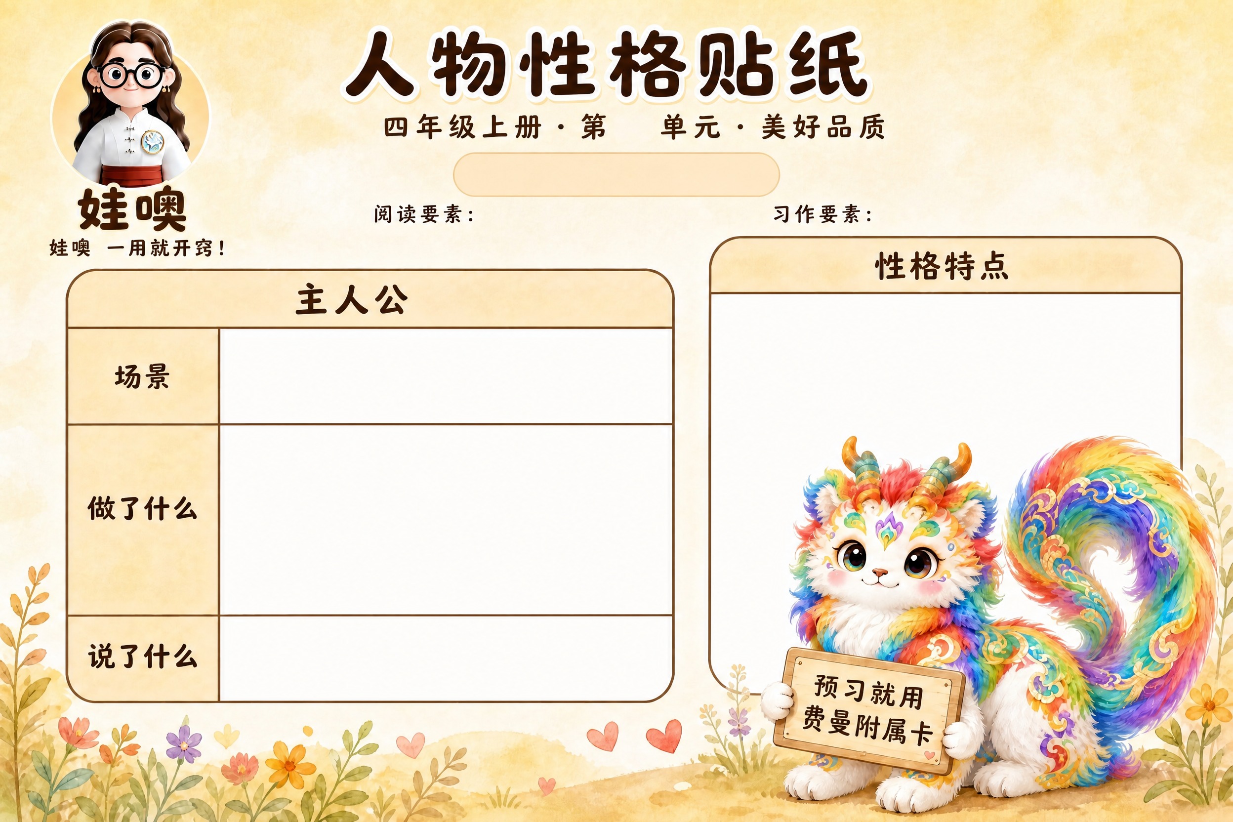 参考图1的标准版式，生成一张四年级通用的人物性格贴纸空白模板。… - 图片创意预览