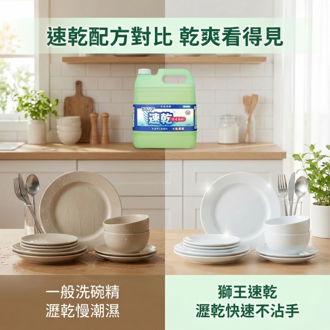 LION獅王洗碗精干效果对比主图，氛围风格为舒适简约家居明亮风。画面元素：左右对比布局，左侧为普通洗碗精洗完湿漉漉的碗盘，右侧为本品洗完沥干后的干爽碗盘，产品放置在画面上方居中，全屏无边框，产品外观和预览效果
