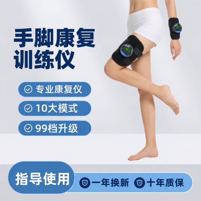 基于原图，更换模特为站立单腿微抬姿态，提炼文字内容为"手脚康复训练仪 专业康复仪 10大模式 99档升级 指导使用 一年换新 十年质保"，主图模板采用上下分层布局，上方展示产品佩戴效果，下方用卡片式设预览效果
