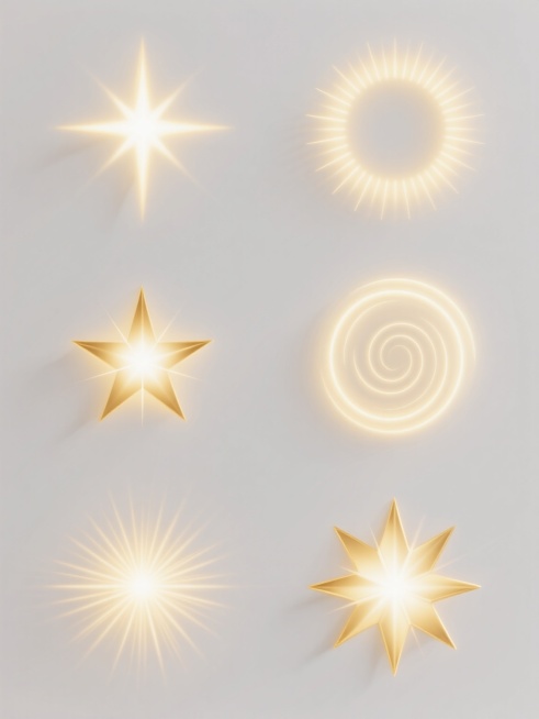纯白纯色背景上，以六个完全不同造型和角度的金色光效元素组成的系列素材集合，每个元素均保持原金色光芒的渐变色彩（从中心亮白色高光过渡到外围柔和的淡黄色光晕）和发光质感，具有清晰的光线辐射效果，元素造型包括十字星芒、圆形光环、放射状线条、星形光斑、螺旋状光束和不规则多边星光，所有元素规整排布，每个光效的形状和角度各不相同，但整体风格统一，光效明亮且具有透明感，无文字、LOGO及二维码等元素。预览效果