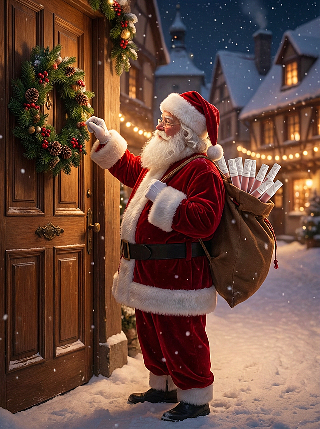 圣诞老人穿红袍戴红帽，背后礼物袋露出多支色号口红，正抬手敲欧式木门，门挂圣诞花环，背景飘雪，温馨暖调