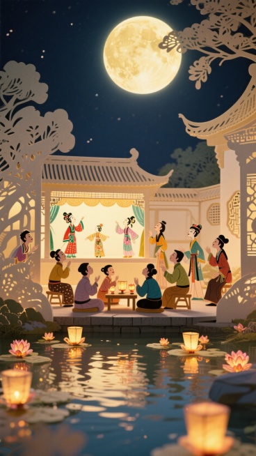中秋节一帮人在庭院中一边赏月，一边看皮影戏，庭院前是一片池塘，池塘水面上有很多祈愿小花灯，天上有一轮巨大的圆月 ，月夜喜庆氛围。预览效果