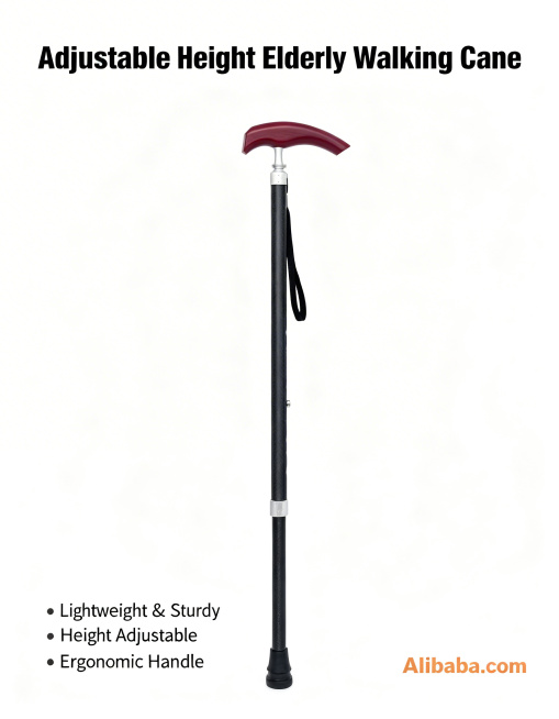 Generate an Alibaba main image for an adjustable height elderly walking cane, product is placed in t预览效果