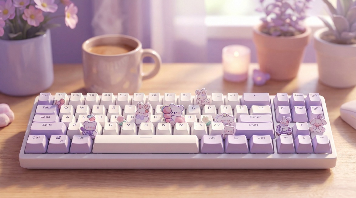 生成一个电脑桌背景，将图中物品摆放在键盘上预览效果