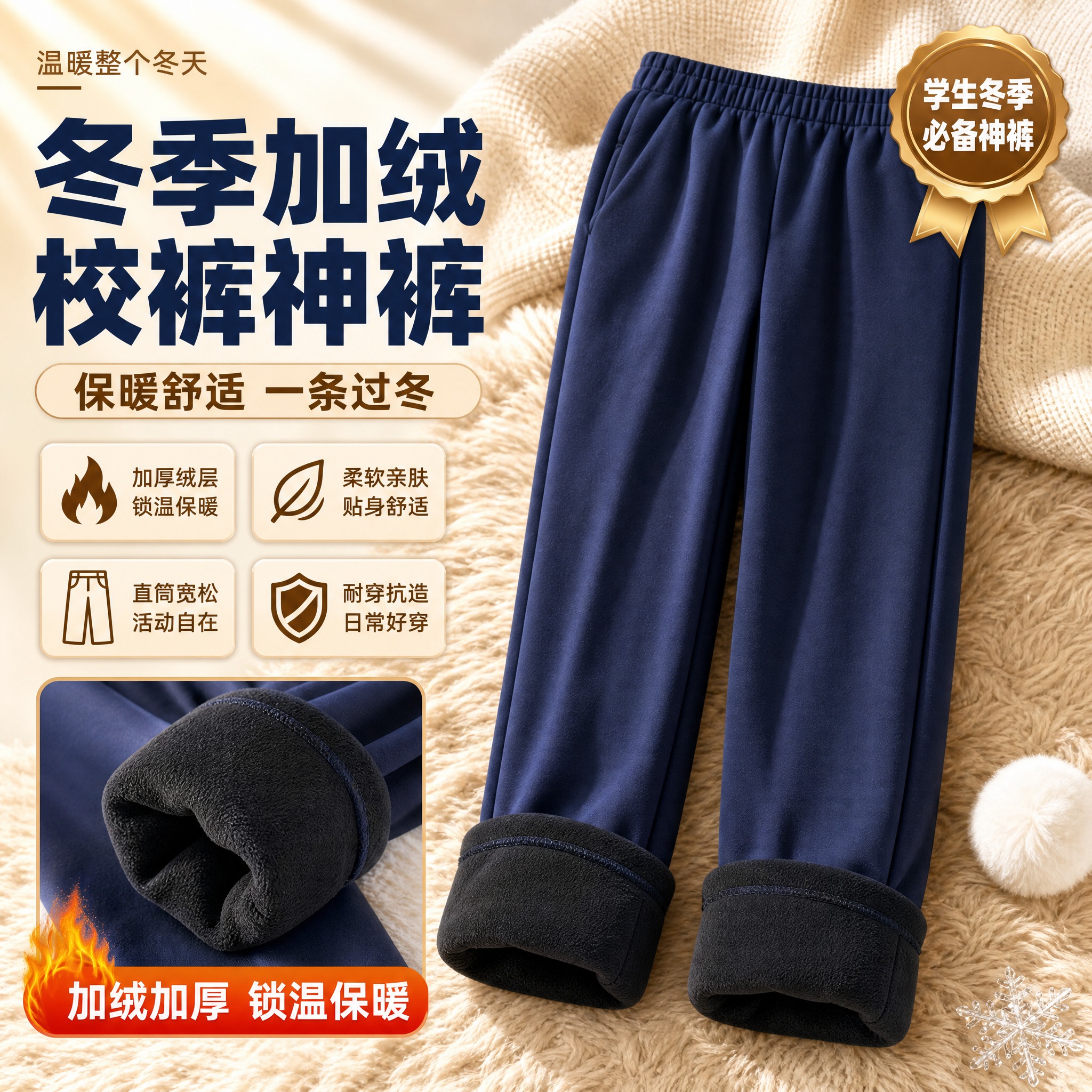 [单张主图] 冬季加绒藏蓝色校裤爆款促销感主图，1:1正方形淘… - 图片创意预览
