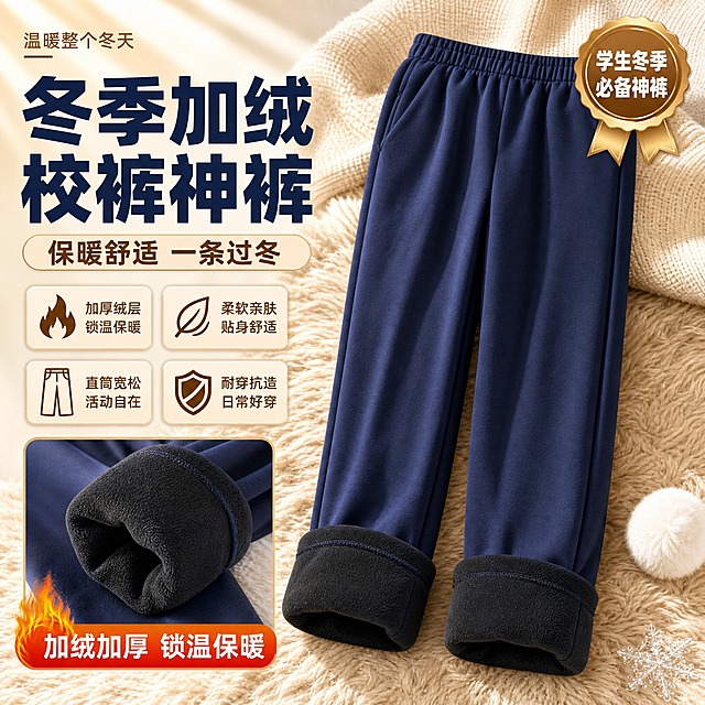 [单张主图] 冬季加绒藏蓝色校裤爆款促销感主图，1:1正方形淘宝天猫主图，目标是3秒内传达卖什么、强在哪、为何现在买，突出加绒保暖核心卖点与学生冬季必备属性。

[参考比对] 参考图为冬季加绒校裤爆款主图，版式为左文右品结构：左上小标语+大主标题两行+副标题胶囊+四个圆形图标卖点+左下角加绒细节圆角框+右侧裤子整体展示+右上角圆形徽章标签+米白色针织毛衣背景+雪花毛球冬日元素。复刻时保留整体信息结构与暖冬色调，但做差异化：标题文案重新组织、图标样式改为方形圆角卡片、细节放大框改为左下角带火焰标签的矩形框、背景增加毛绒地毯层次、右上角徽章改为金色丝带样式、增加冬日暖阳光影效果，避免与原图完全一致。

[画面主体] 画面右侧展示一条完整的藏蓝色加绒直筒校裤，松紧腰头设计，裤脚向上翻折露出内里黑色加厚摇粒绒，裤子自然垂挂或平铺呈现直筒宽松版型，面料为顺滑的藏青聚酯纤维运动面料，内里绒层厚实蓬松。裤子占画面约55%，位于画面中右区域，裤身完整不裁切，腰头在上、裤脚在下，翻折的裤脚位于画面中下部，清晰展示黑色加绒层的厚度与质感。产品外观、颜色、材质、结构必须与输入的产品图完全一致。

[构图版式] 采用左文右品标签参数型爆款版式：左侧约40%区域为信息区，右侧约60%为产品展示区。信息层级从上到下为：顶部小标语 → 超大两行主标题 → 副标题胶囊条 → 四个方形卖点图标 → 左下角加绒细节放大框。右上角放置金色丝带徽章。底部预留少量空间做光影过渡。

[场景元素] 背景为温暖的冬日居家氛围，底层是米白色针织毛衣纹理，上层铺有浅米色毛绒地毯，裤子自然放置在地毯上。画面右下角点缀一个白色毛绒小球和一小片透明雪花装饰，左上角有柔和的冬日暖阳斜射光效，整体营造温暖柔软的冬季感觉。背景虚化处理，突出裤子主体。

[文案版式] 所有文字为中文，字体使用粗黑体，主标题字重最大，辅助文字字重适中。
顶部小标语（浅棕色细字）："温暖整个冬天"，位于画面左上方，字号较小。
主标题（藏蓝色粗黑体，两行）：第一行"冬季加绒"，第二行"校裤神裤"，字号超大，占据左侧上部核心视觉区，两行左对齐。
副标题胶囊（米白色圆角矩形，深棕色字）："保暖舒适 一条过冬"，位于主标题下方。
四个方形卖点图标（两行两列排列，每个图标为浅米色圆角方形+深棕色图标+文字）：
第一行左：火焰图标 + "加厚绒层" + "锁温保暖"
第一行右：叶子图标 + "柔软亲肤" + "贴身舒适"
第二行左：裤子图标 + "直筒宽松" + "活动自在"
第二行右：盾牌图标 + "耐穿抗造" + "日常好穿"
左下角加绒细节框（大圆角矩形，内有裤脚翻折加绒特写）：框下方有橙红色渐变条带，白色粗字写"加绒加厚 锁温保暖"，条带左侧有小火焰图标。
右上角金色丝带徽章（棕金色圆形丝带边框）：内部分两行写"学生冬季"和"必备神裤"，字体为白色粗体。

[光影质感] 商业摄影质感，主光从左上方45度斜射，形成柔和的冬日暖阳效果，裤身左侧有明显高光，右侧有自然过渡的阴影。裤子下方有柔和的接触阴影，自然落在毛绒地毯上，无悬浮感。加绒层的绒毛质感清晰可见，有蓬松柔软的光影表现。整体色调偏暖，米白、浅棕、藏蓝搭配和谐。

[配色字体] 主色调：藏蓝色（裤子主色）、米白色（背景主色）、浅棕色（辅助色）、橙红色（强调色）、金色（徽章色）。字体统一使用无衬线粗黑体，主标题字号最大，副标题次之，图标说明文字最小，层级清晰。

[比例分辨率] 1:1正方形比例，2K分辨率，文字清晰可辨，产品细节锐利。

[负向提示词] 禁止变形、禁止错字糊字、禁止水印、禁止平台Logo、禁止主体模糊、禁止背景杂乱、禁止裤子颜色偏差、禁止加绒层颜色错误、禁止悬浮感、禁止穿模、禁止多余手指、禁止人物出现、禁止低清晰度、禁止结构错误。
