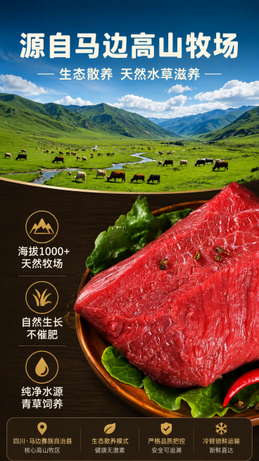 [第2屏] 马边鲜牛肉产地优势展示。
[氛围/风格] 原生态自然风，清新高原牧场氛围，商业摄影质感，真实自然。
[元素布局] 画面采用上下分栏结构，上半部分展示马边高山牧场实景图，绿色草原连绵，蓝天白预览效果